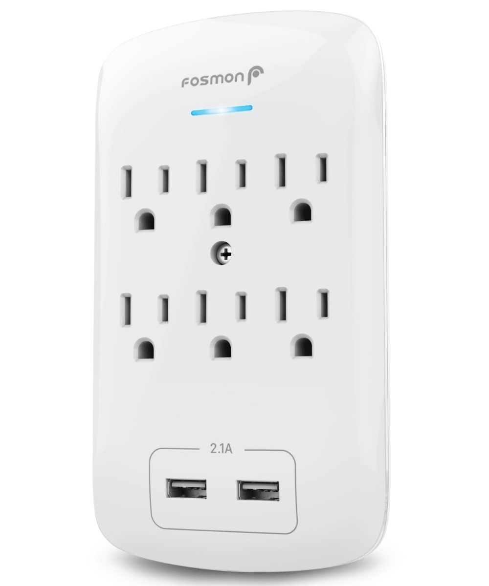 6 AC Outlet Wall Mount Tap Surge Protector Adapter with Dual USB Charging Port 