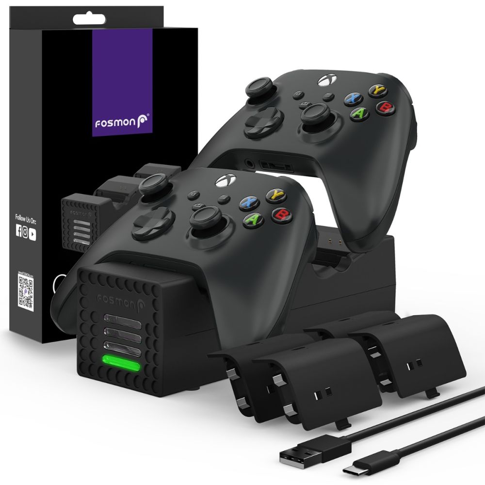 Fosmon Quad Pro 2 Charging Station w/ 2 additional battery charging slots  for Xbox Series X / Series S Controllers (Package includes 4 x 1000mAh  Rechargeable Battery Packs and USB-C Cable) – Black