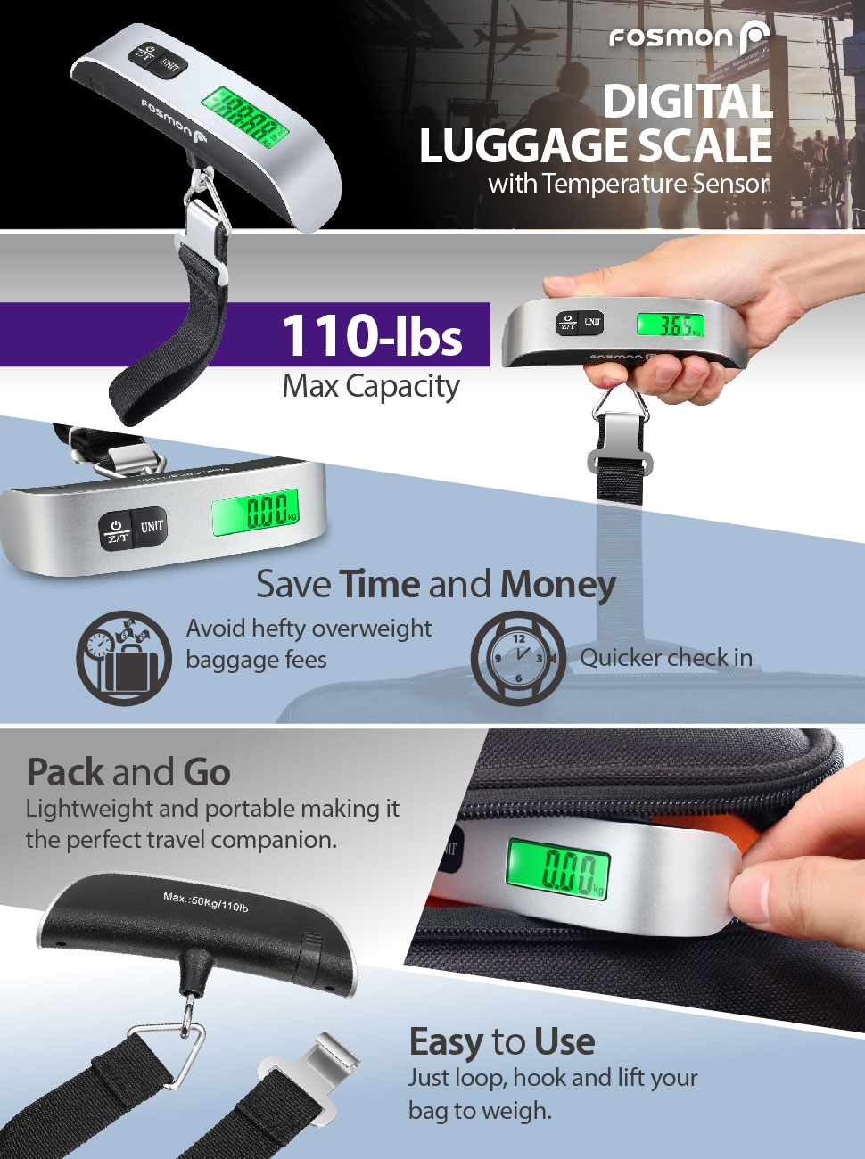 pack all 110 Lbs Luggage Scale, Digital Handheld Baggage Scale